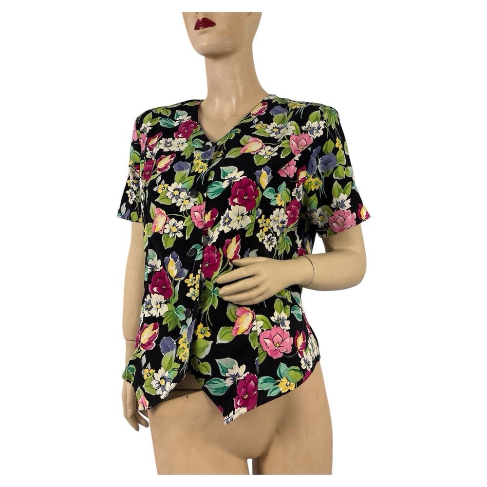 Christie & jill Women's Multicolored Floral Shoulder Pads Button Down Top Size M